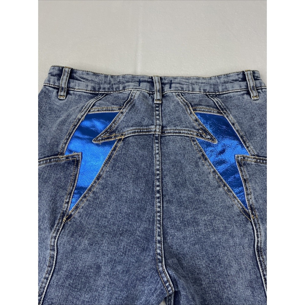 We The Free Sz 30x33 Retro Thunderbird Flare Jeans Electric Blue Lightning Bolt - Picture 4 of 10